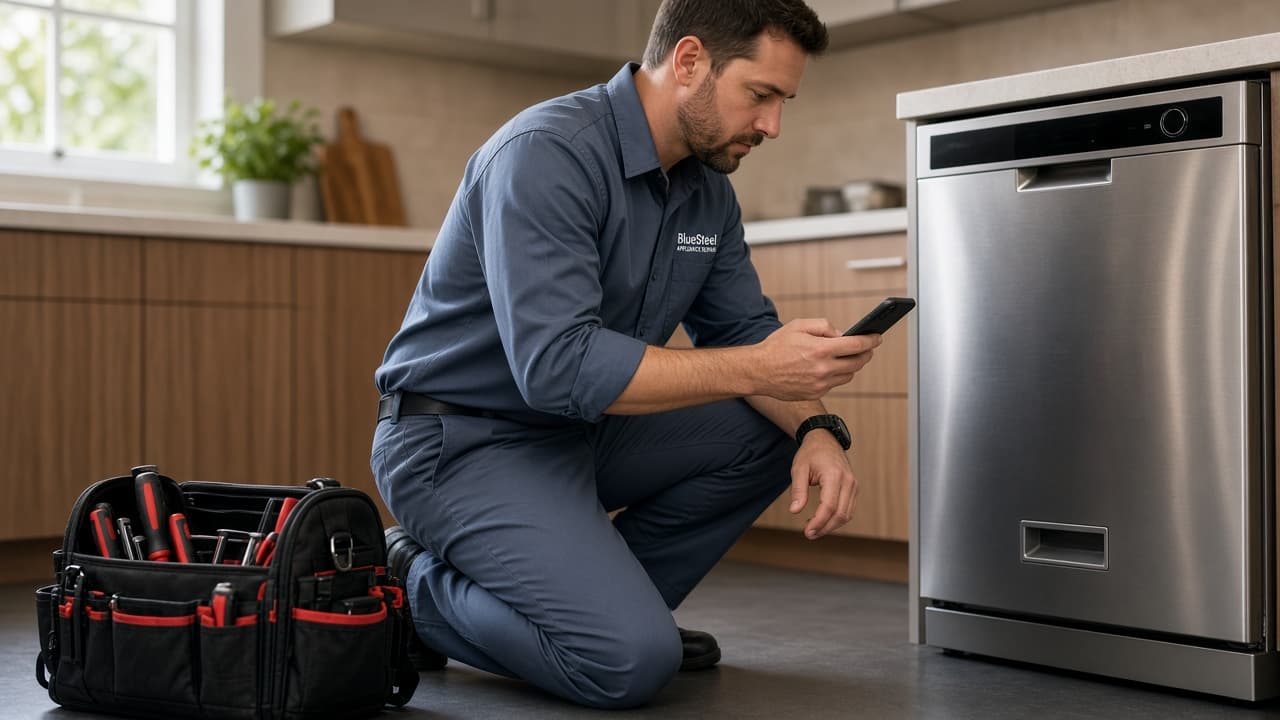 Appliance technician on site using a phone for job updates