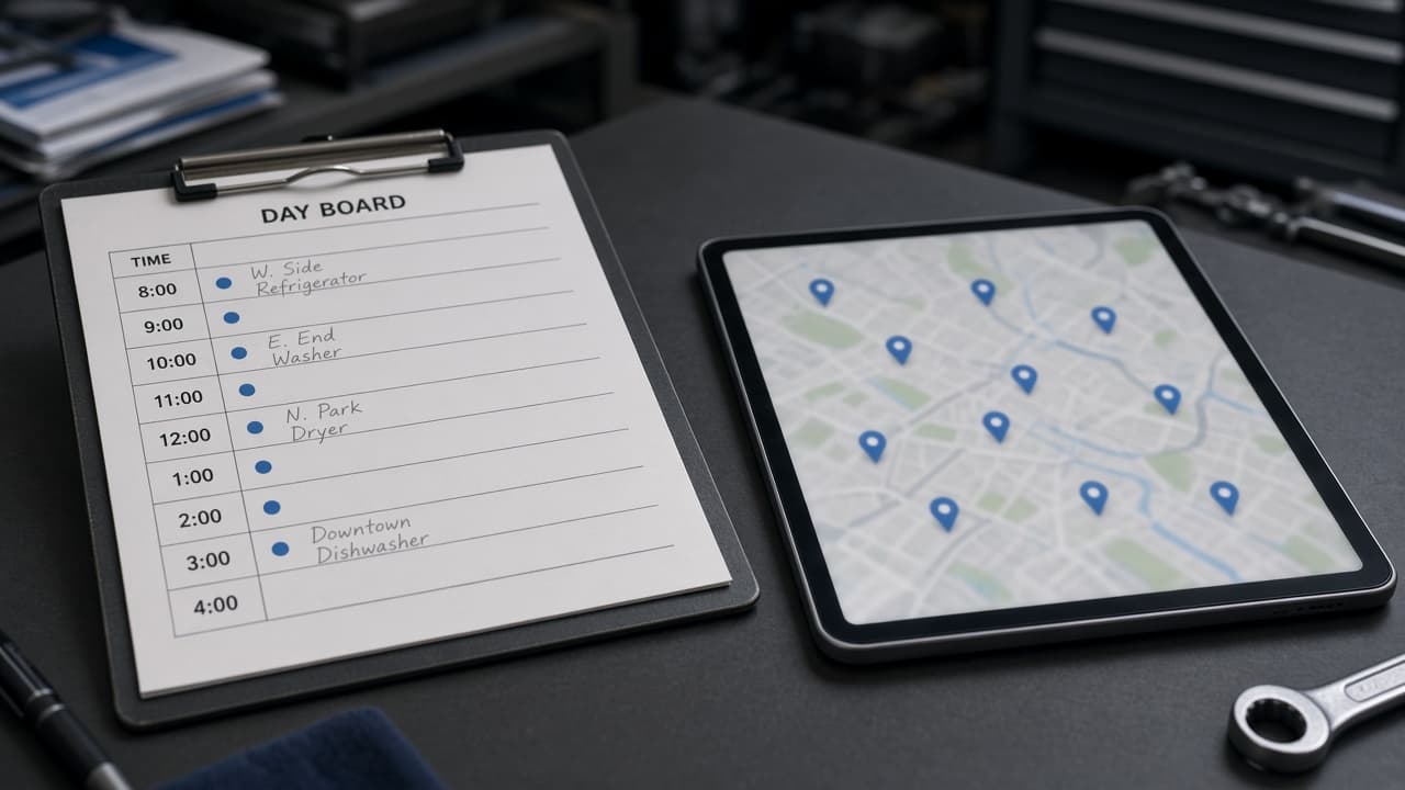 Scheduling board and service area map for appliance repair routes